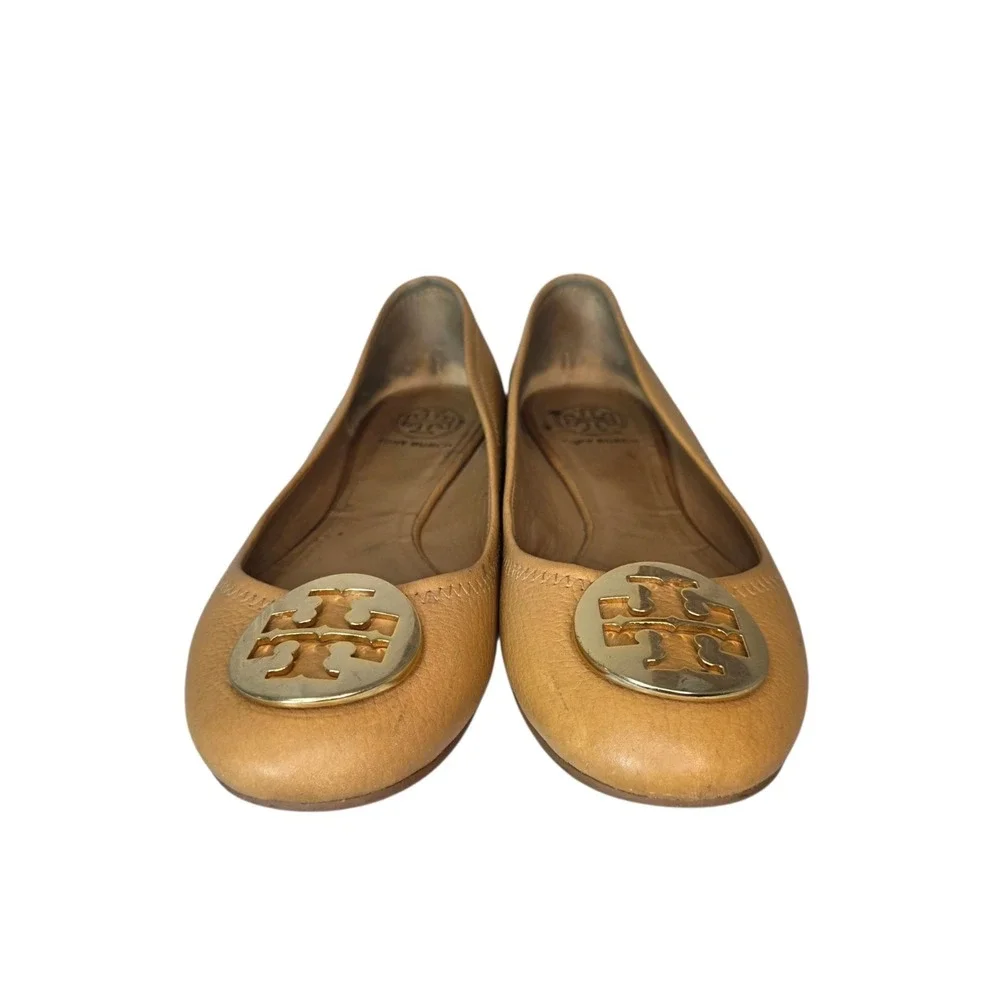 Tory Burch Reva Womens 7.5  Tan Pebbled Leather Gold Tone Logo Ballet Flats